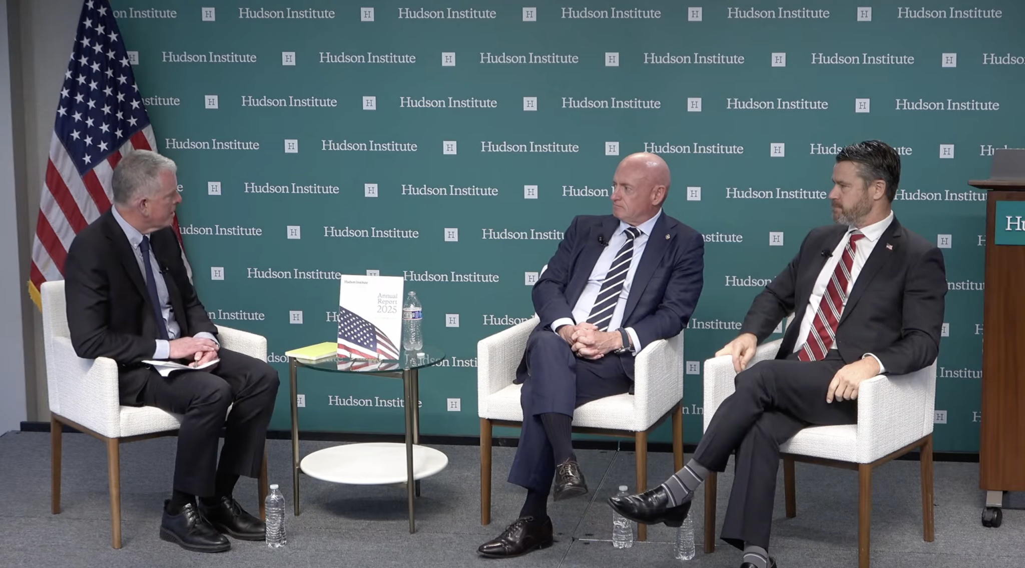 Mike Roberts, Sen. Mike Kelly (D-Ariz.), and Sen. Todd Young (R-Ind.) during their fireside chat at “Fixing Shipping and Shipbuilding: Plotting the Course Ahead,” hosted by the Hudson Institute on Sept. 16, 2026. Screenshot from Hudson Institute YouTube.